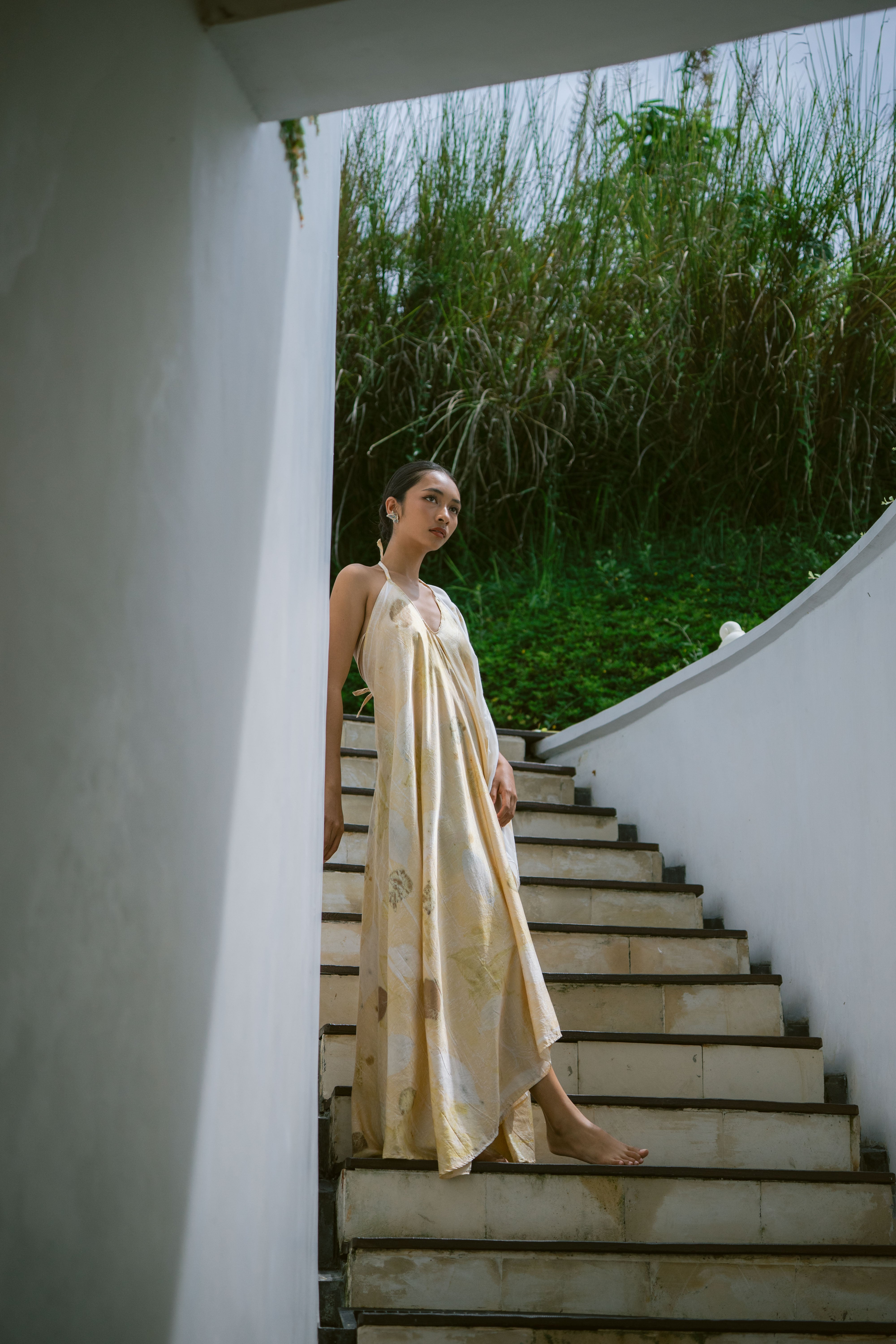 The Goddess – Yellow, White & Green Leaves Cotton Silk Eco Print Dress